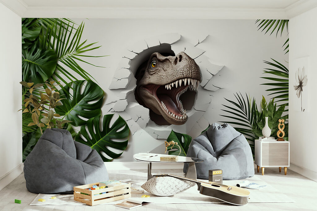 Dinosauruskop tussen groene bladeren — interieur 2