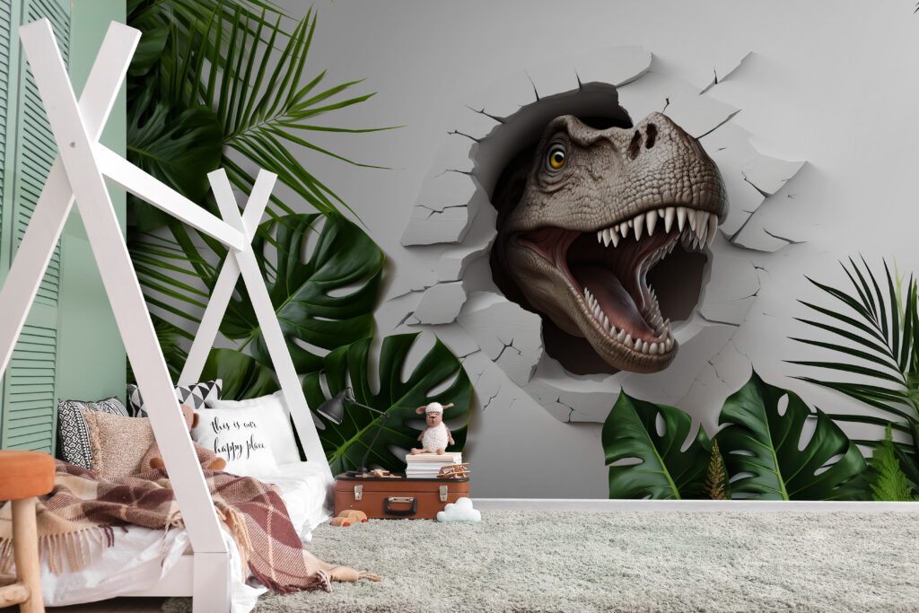 Een brullende dinosaurus stormt naar buiten! in een interieur