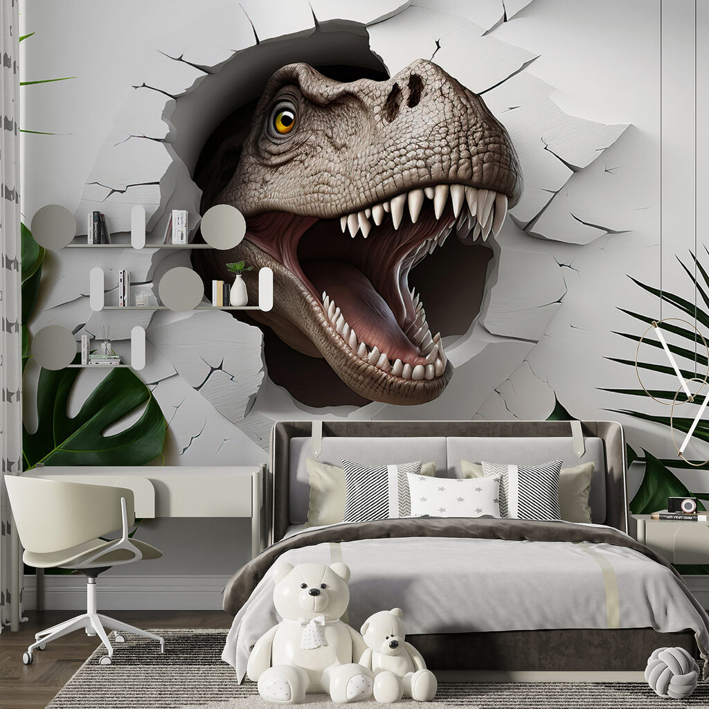 Dinosauruskop tussen groene bladeren — interieur 3