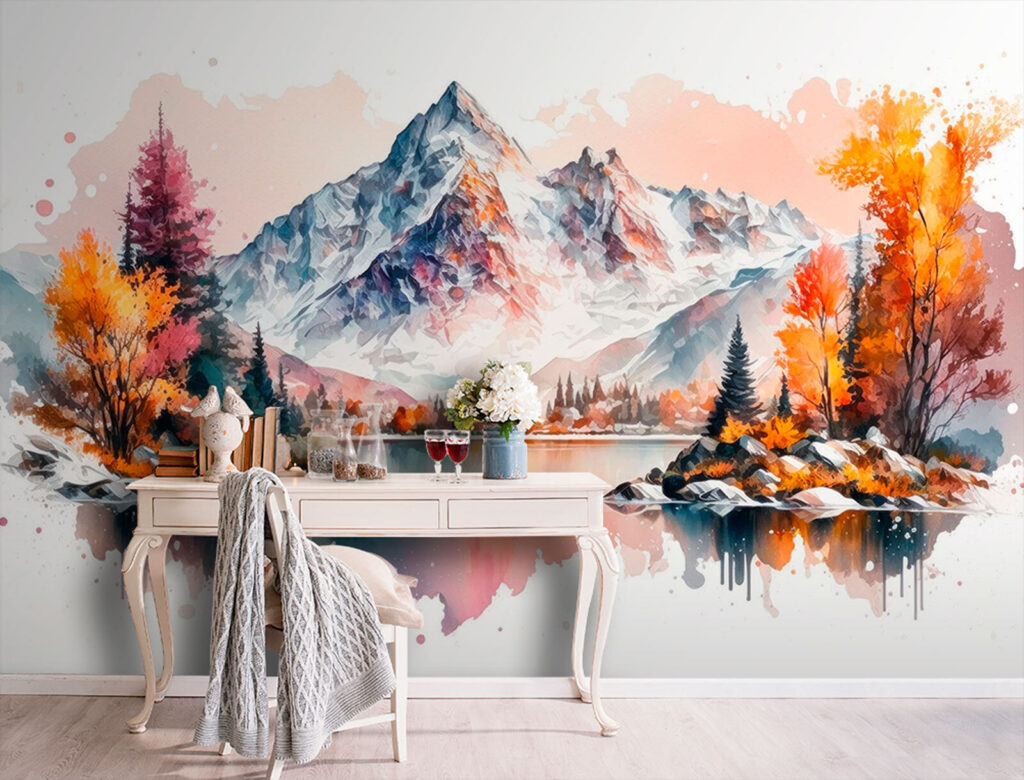 Aquarel van een berg en een meer in een interieur