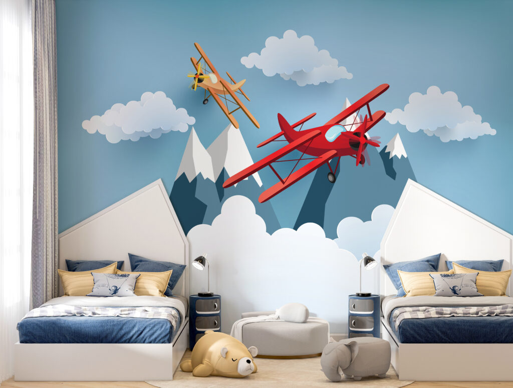 Vliegtuigjes rond witte wolken — interieur 2