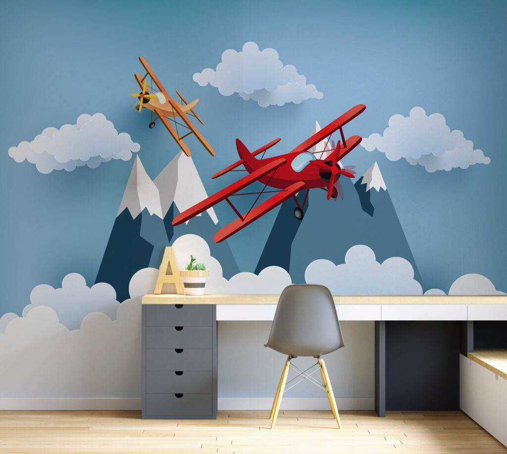 Twee vliegtuigen vliegen in de lucht in een interieur