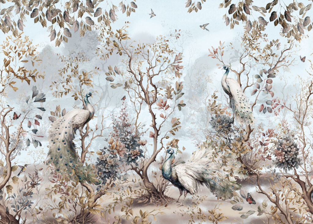 Schilderij van pauwen in een bos — volledig ontwerp