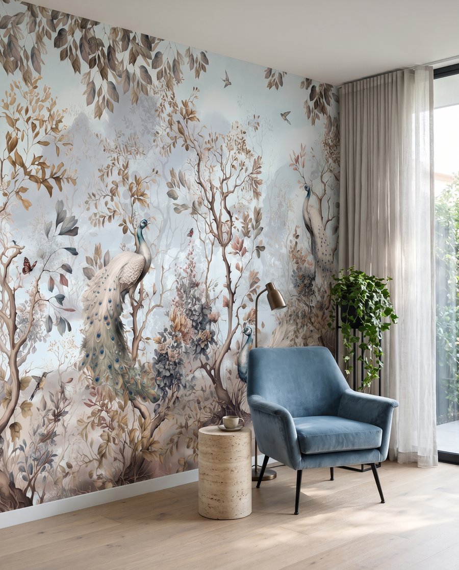 Bos vol bleke vogels in een interieur