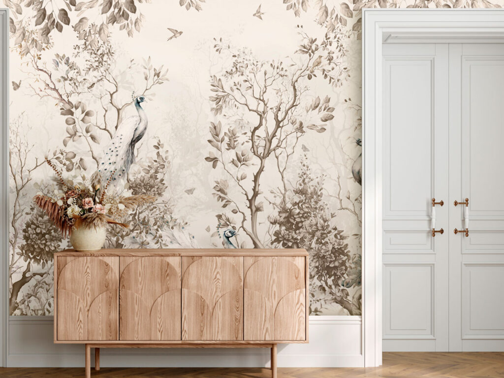 Groep witte pauwen in een bos in een interieur