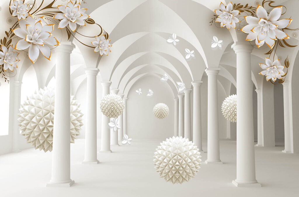 Witte bollen onder bloembogen — volledig ontwerp