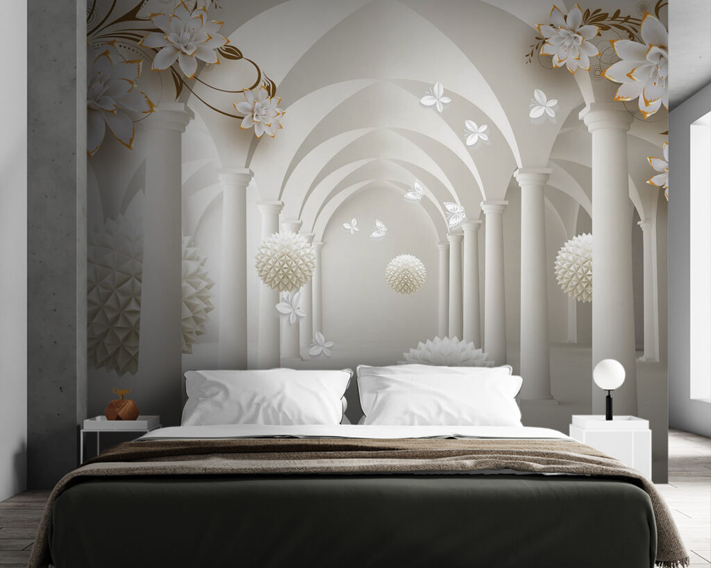 Witte bollen onder bloembogen — interieur 1