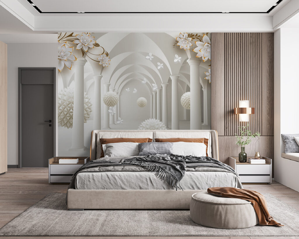 Witte bollen onder bloembogen — interieur 2