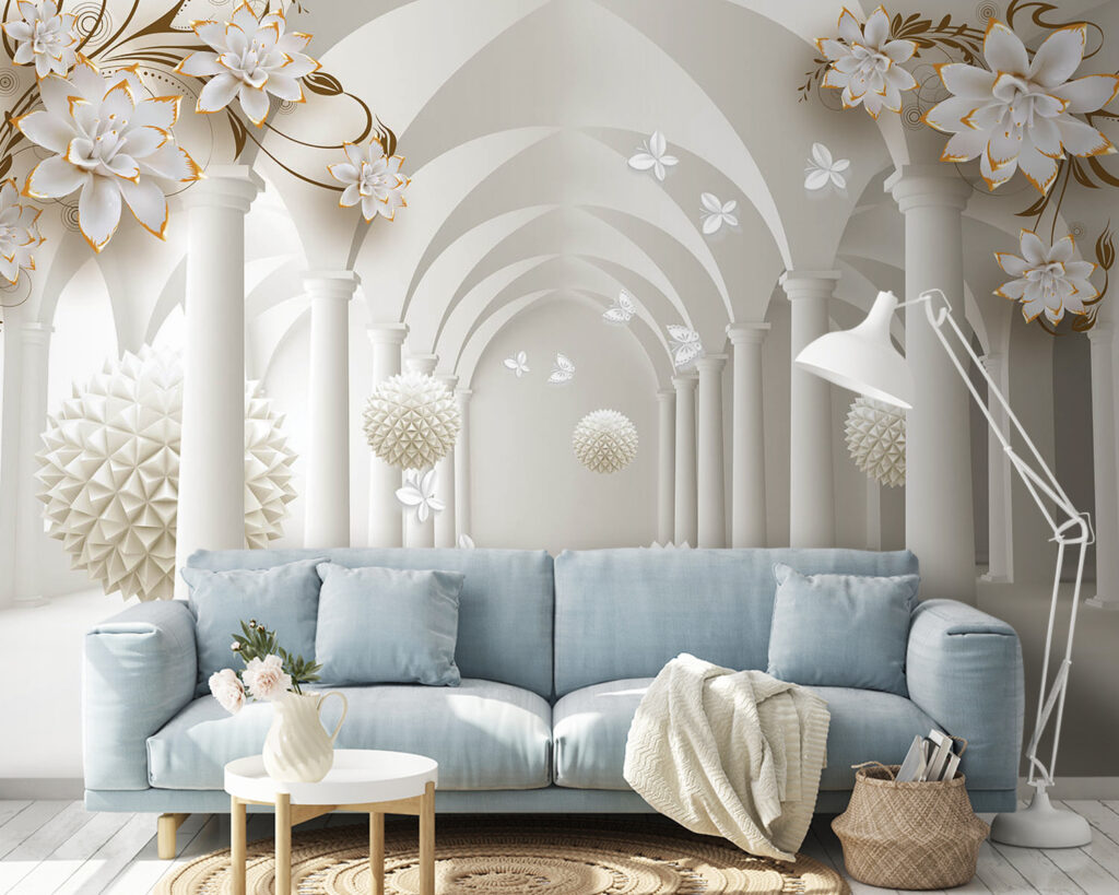 Witte bollen onder bloembogen — interieur 3