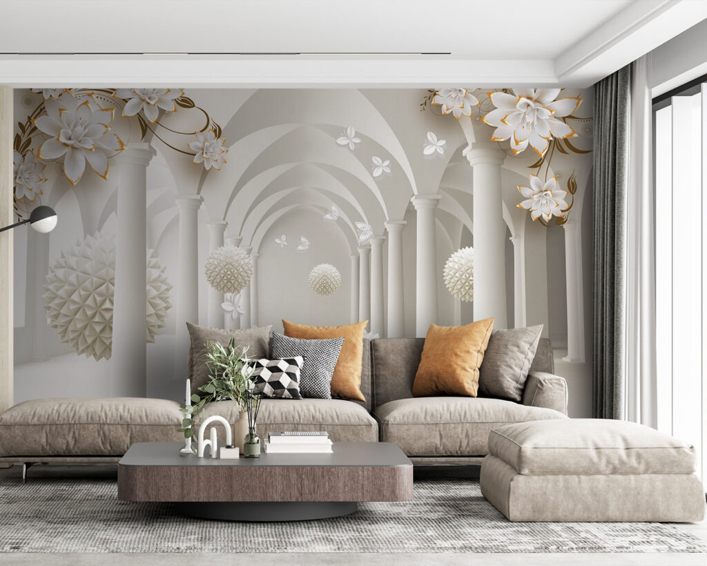 Witte bollen onder bloembogen — interieur 4