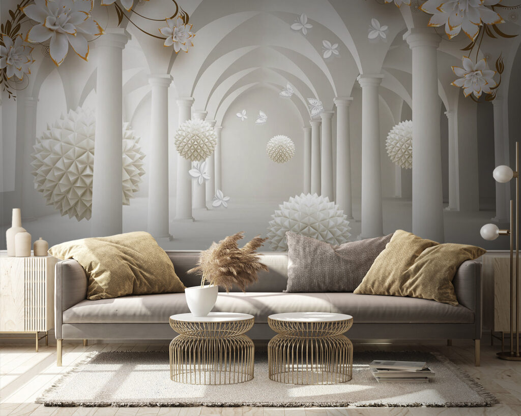 Witte bollen onder bloembogen — interieur 5