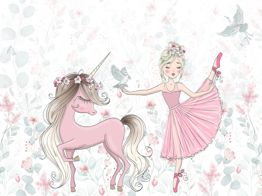 Ballerina naast een eenhoorn — volledig ontwerp