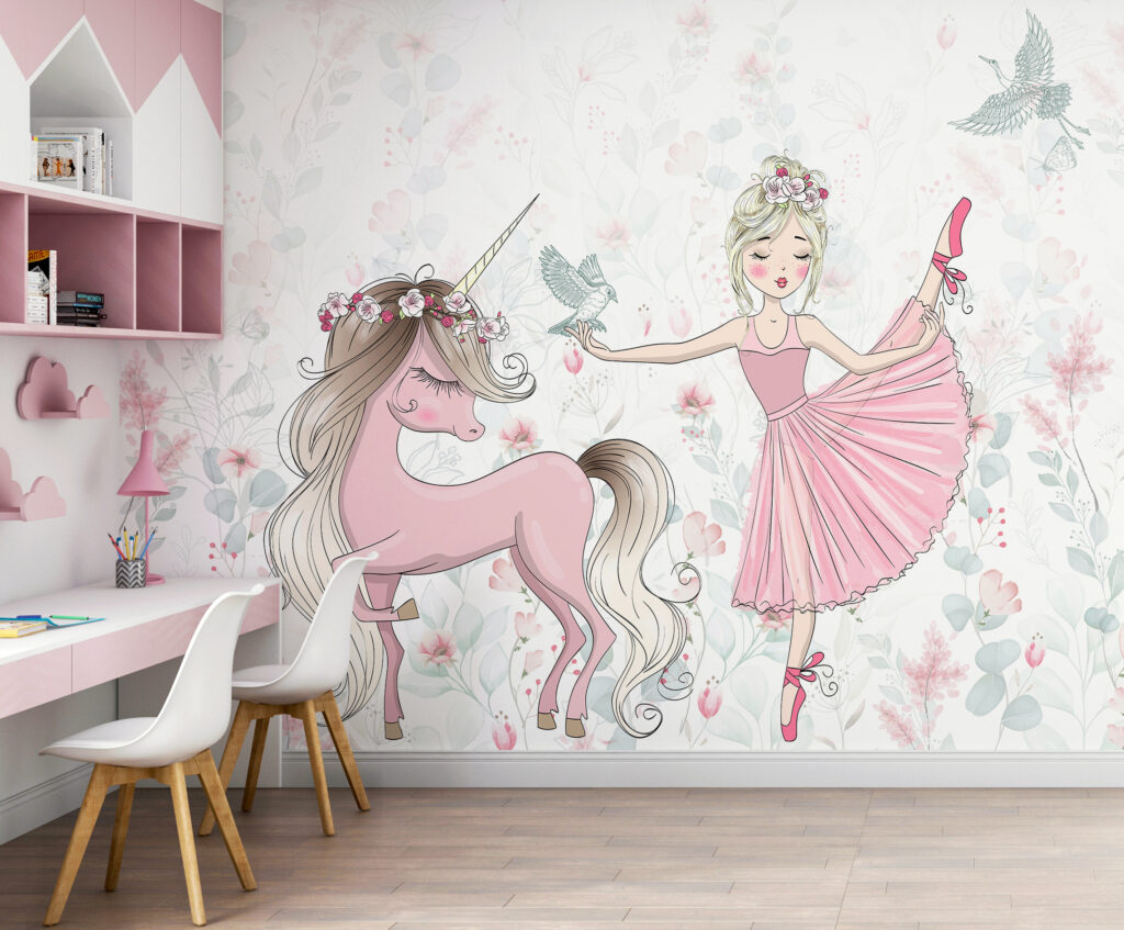 Eenhoorn en een meisje in een interieur
