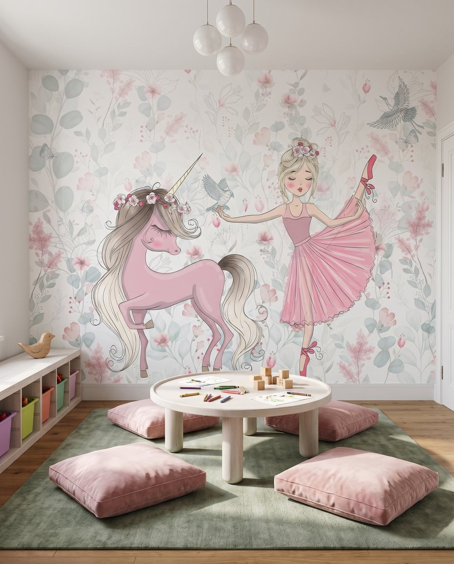 Ballerina naast een eenhoorn in een interieur