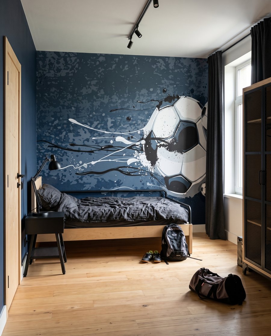 Voetbal door blauwe verf in een interieur
