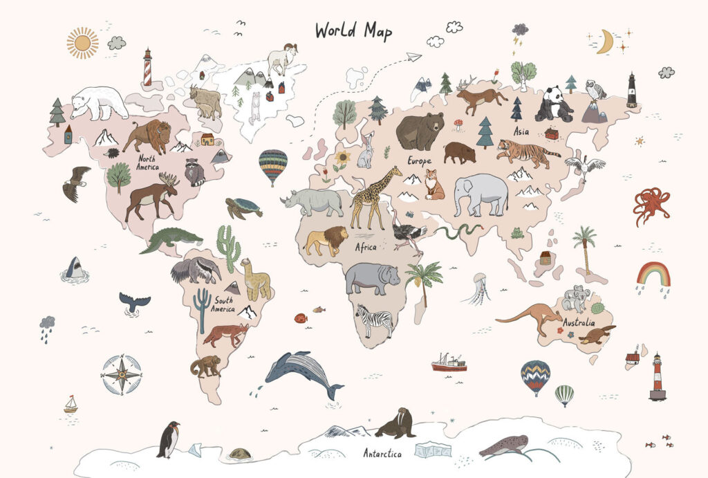 Wereldkaart vol dierentekeningen — volledig ontwerp