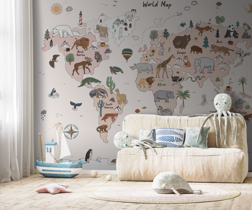 Wereldkaart vol dierentekeningen — interieur 1