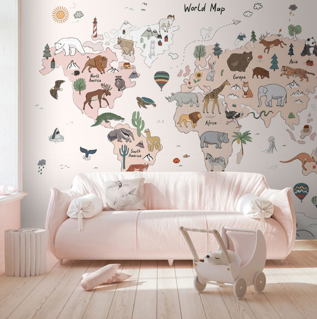 Wereldkaart vol dierentekeningen — interieur 2