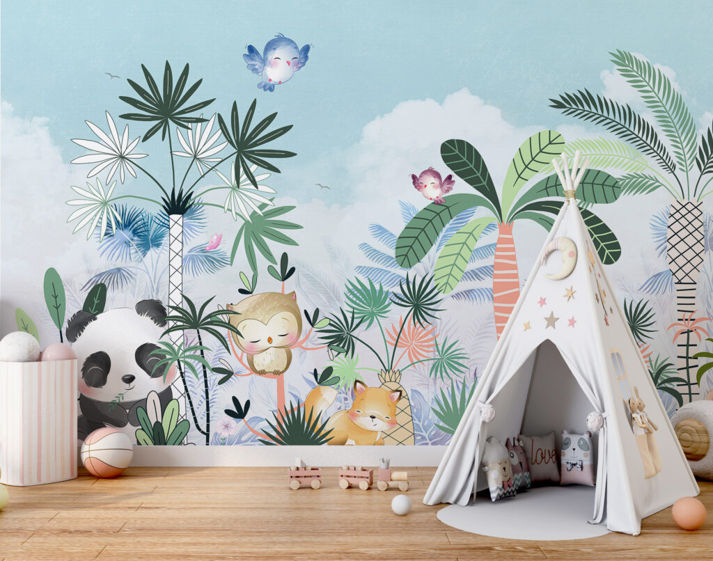 Panda, leeuw tussen palmen — interieur 1