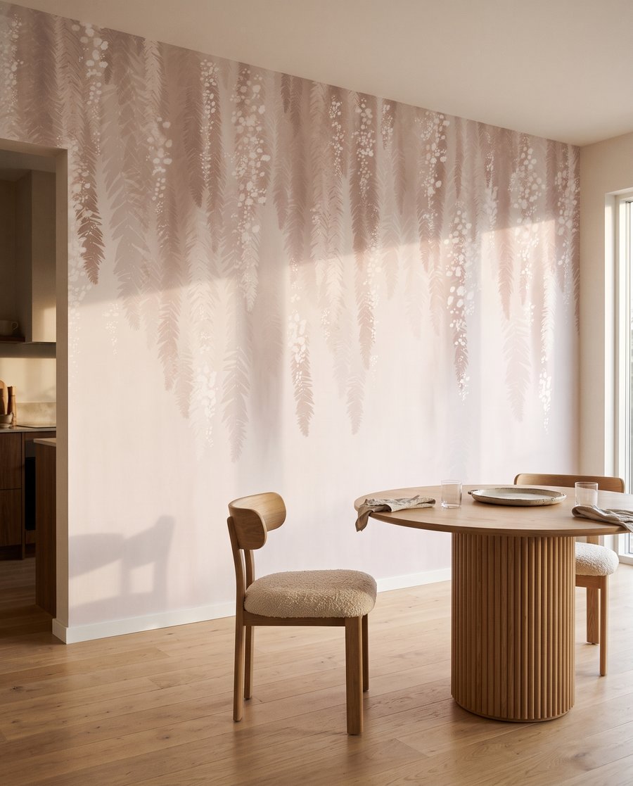 Bloesemslingers in zachtroze in een interieur