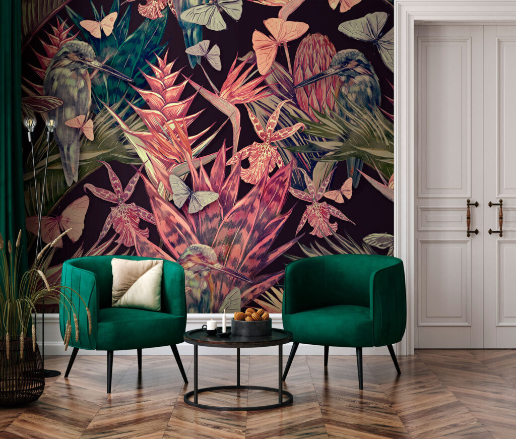 Papegaaien tussen oudroze tropenplanten — interieur 1