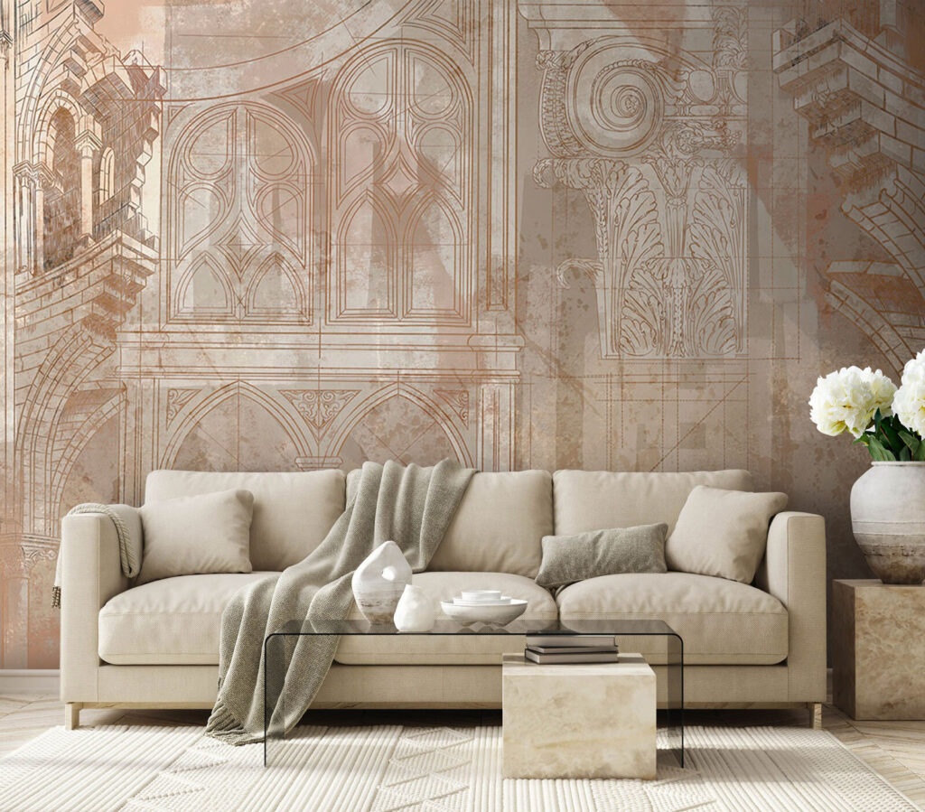 Tekening van een gebouw in een interieur