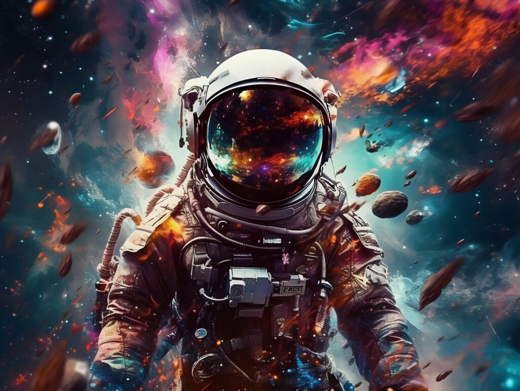 Astronaut in een kleurennevel — volledig ontwerp