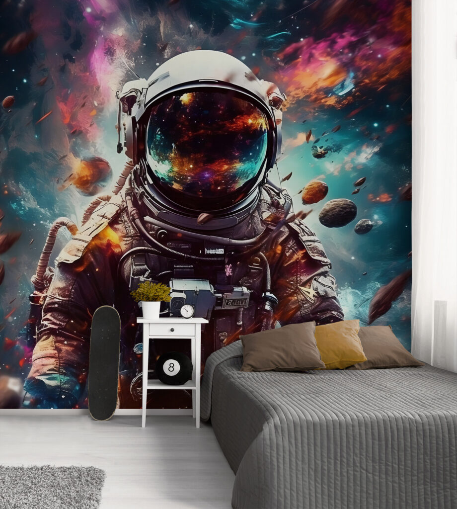 Een astronaut in de ruimte met een grote helm in een interieur