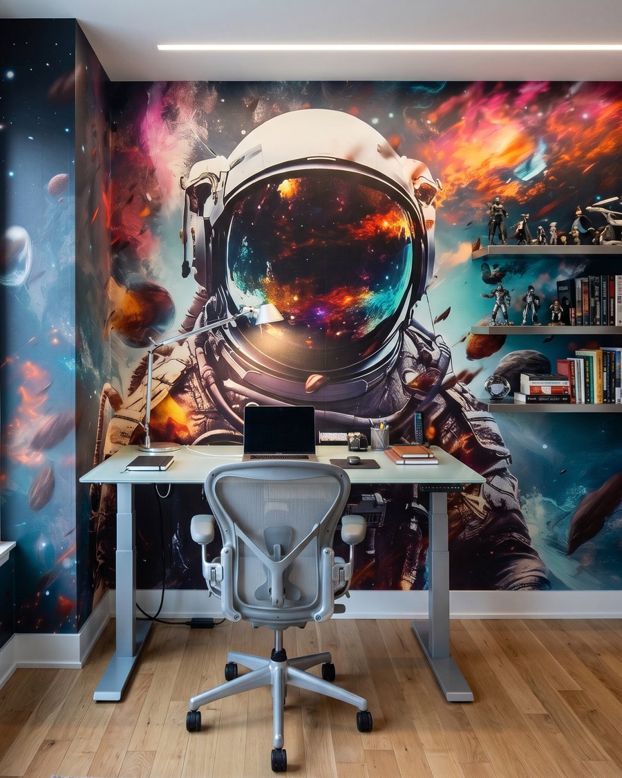 Astronaut in een kleurennevel in een interieur