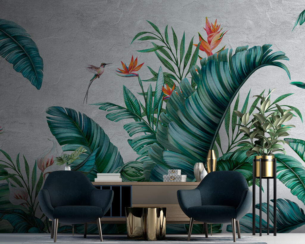 Groene bladeren met paradijsbloemen — interieur 1
