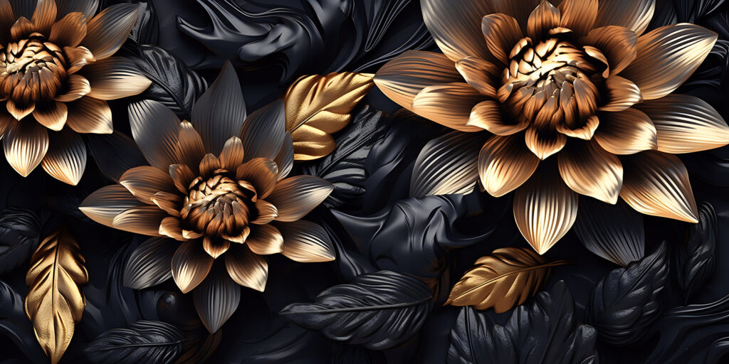 Gouden bloemen tussen bladeren — volledig ontwerp