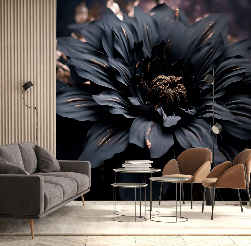 Elegant bloemstuk met donkere bloemen in volle bloei in een interieur