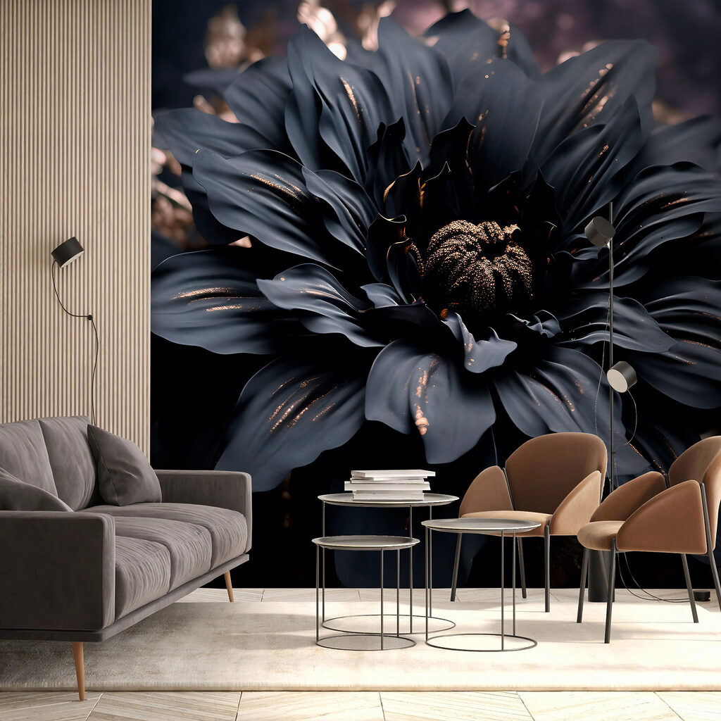 Elegant bloemstuk met donkere bloemen in volle bloei — interieur 5