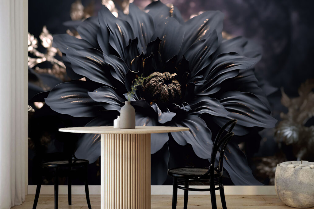 Elegant bloemstuk met donkere bloemen in volle bloei — interieur 3