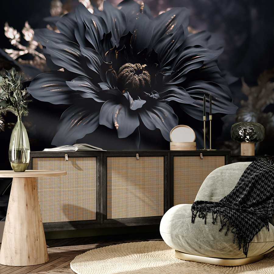 Elegant bloemstuk met donkere bloemen in volle bloei — interieur 4
