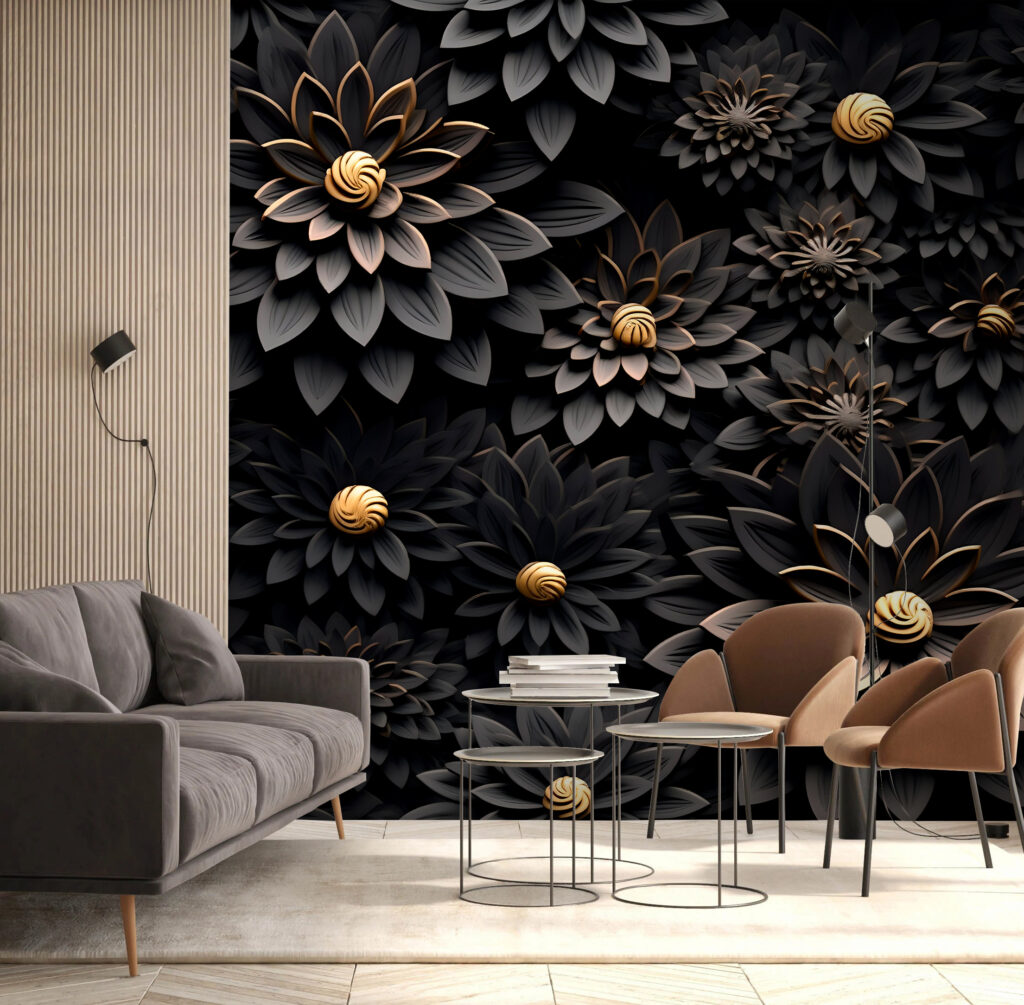 Elegant bloemmotief in donkere tinten in een interieur