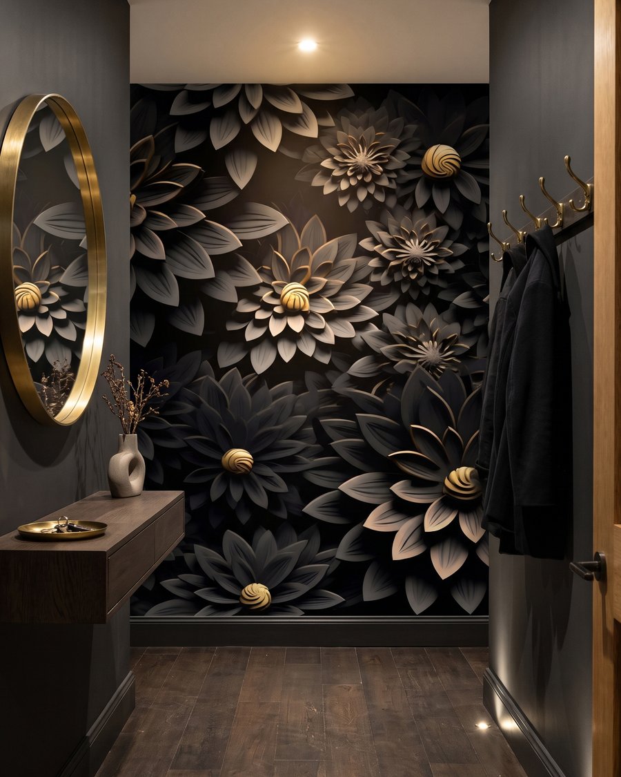 Zwarte bloemen, gouden harten in een interieur