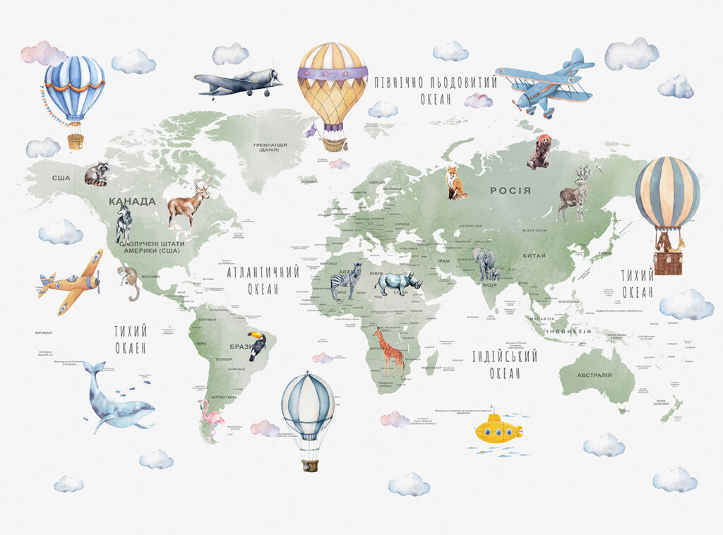 Luchtballonnen boven groene wereldkaart — volledig ontwerp
