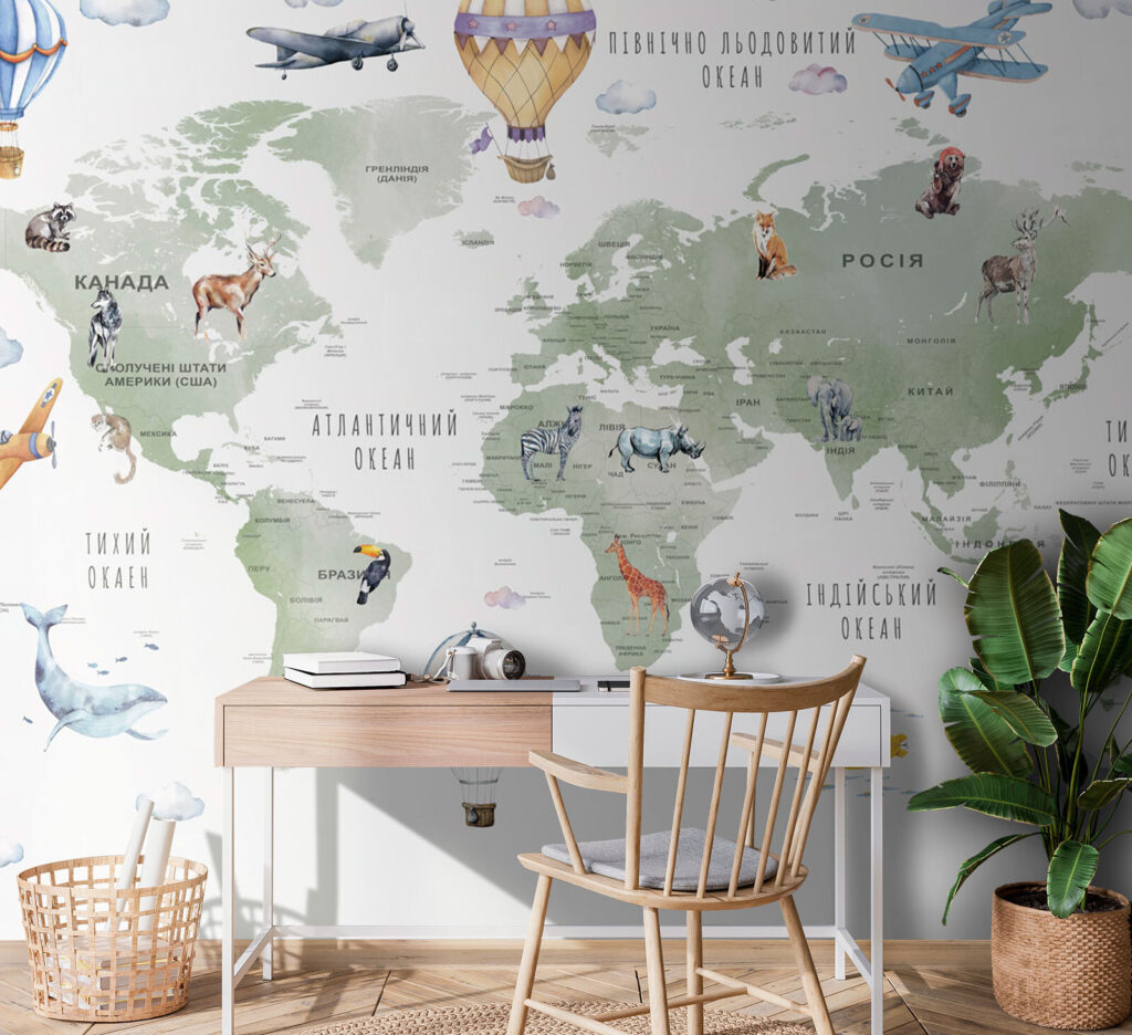 Luchtballonnen boven groene wereldkaart — interieur 1