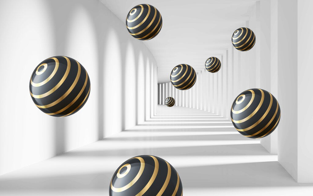 Gestreepte bollen zweven in witte gang — volledig ontwerp
