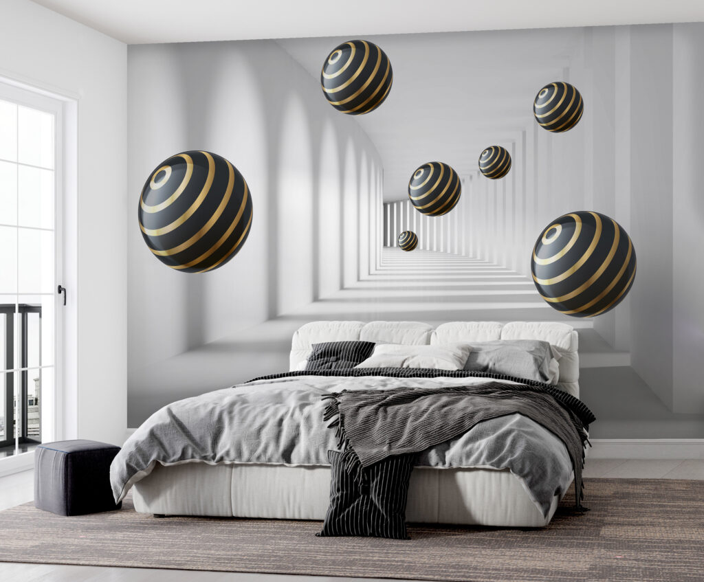 Gestreepte bollen zweven in witte gang — interieur 2
