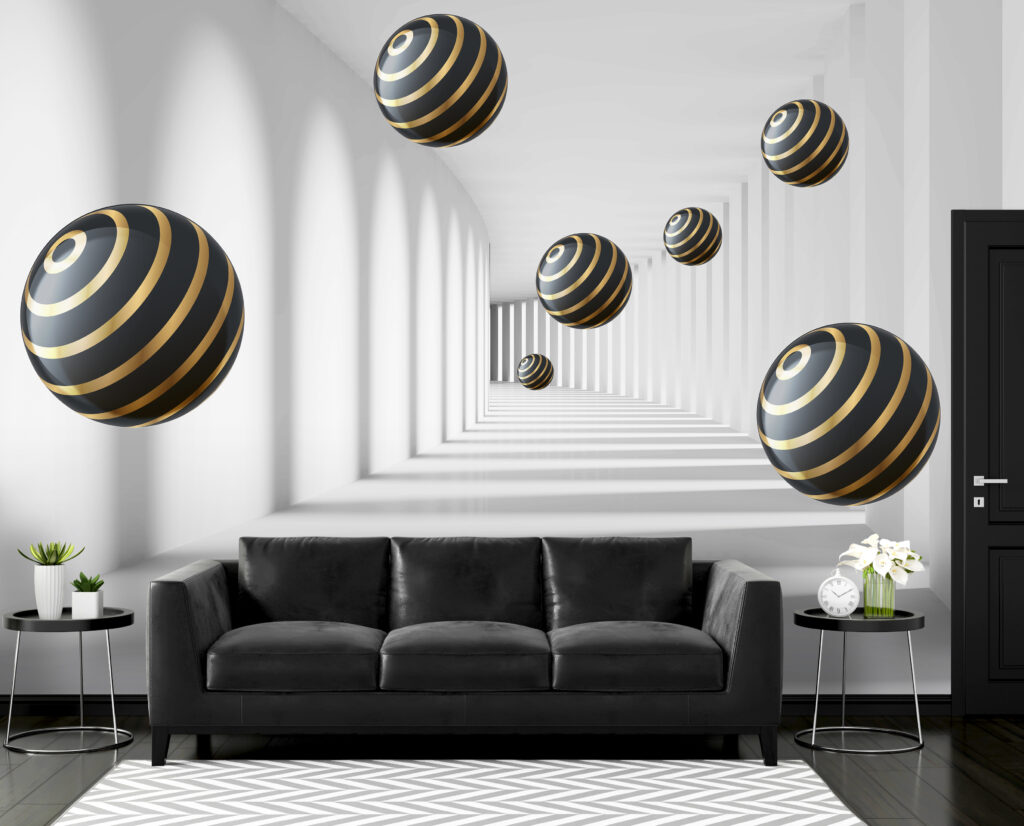 Gestreepte bollen zweven in witte gang in een interieur
