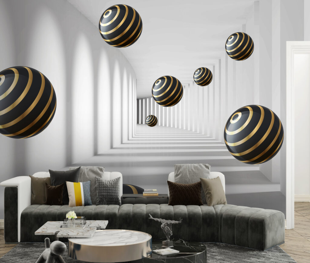Gestreepte bollen zweven in witte gang — interieur 4