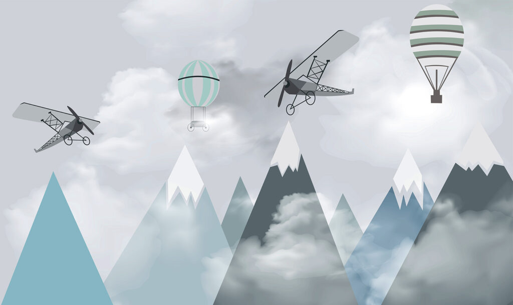 Vliegtuigjes boven turquoise berglagen — volledig ontwerp