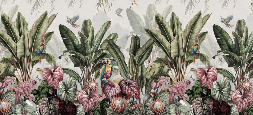 Papegaaien in herhaalde jungletuin — volledig ontwerp