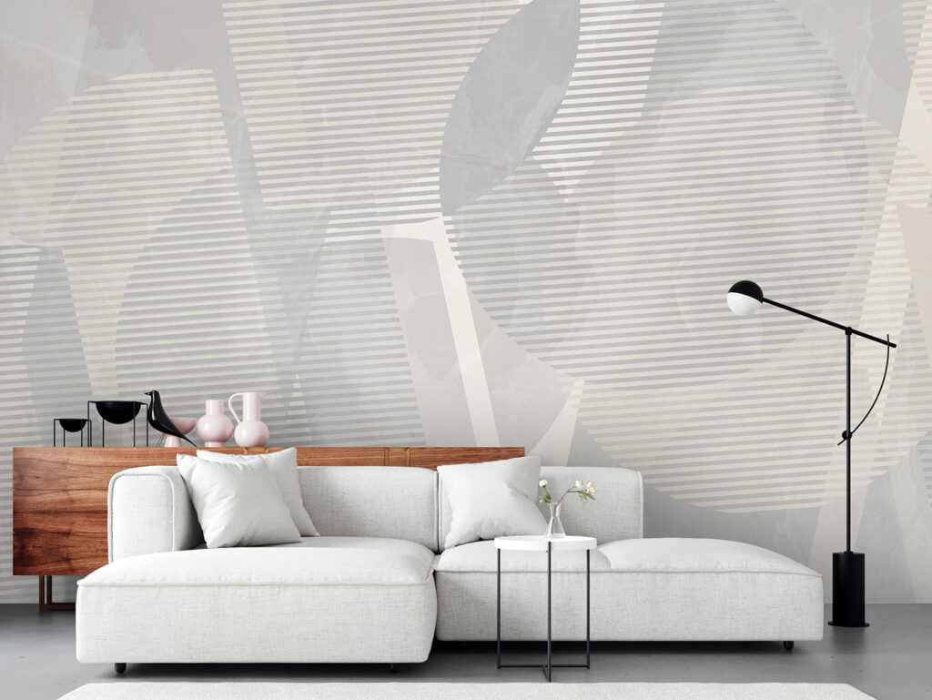 Grijs en wit abstracte kunst in een interieur