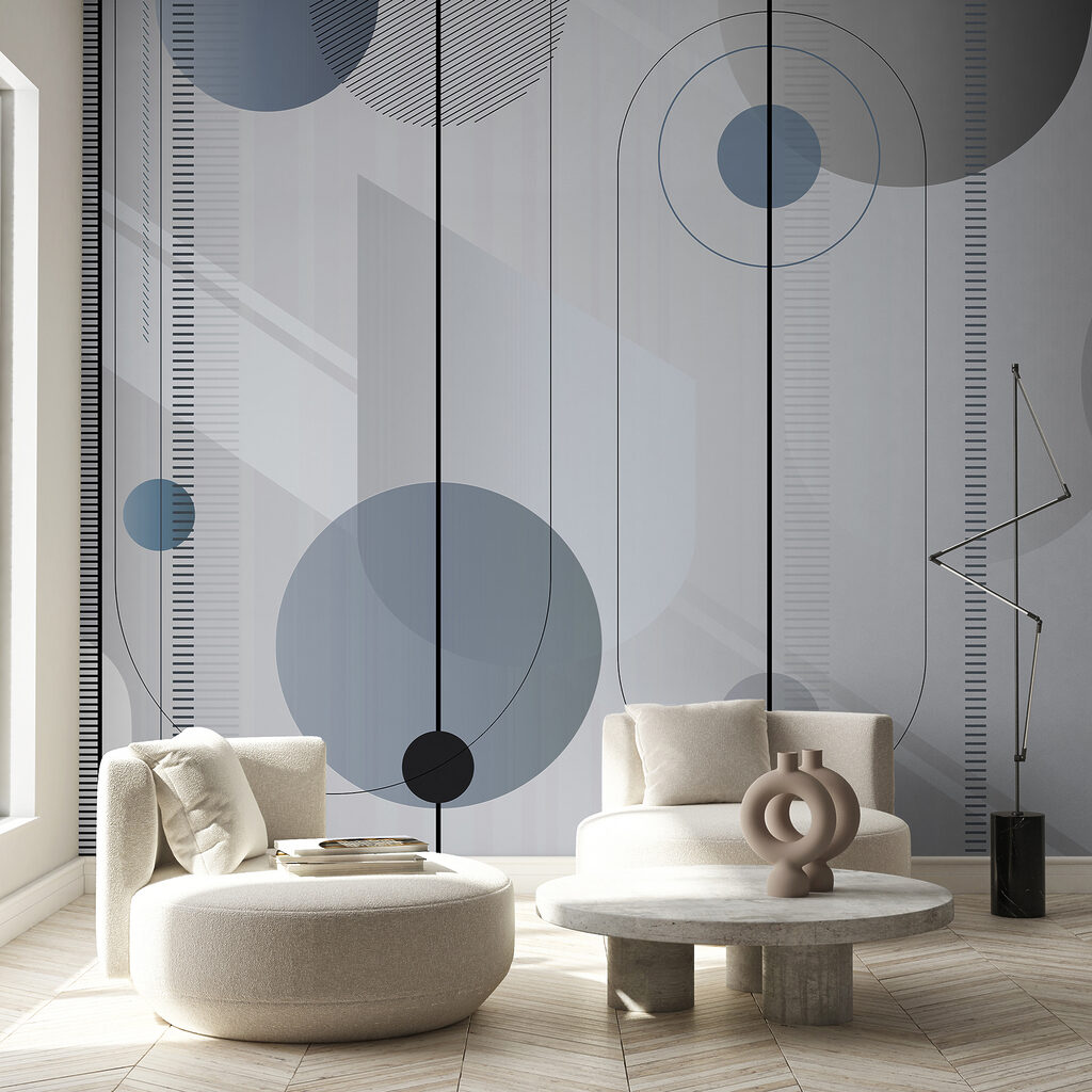 Een grijze en zwarte cirkels en lijnen in een interieur