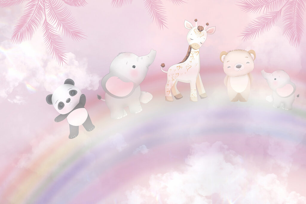 Dierenvriendjes boven een regenboog — volledig ontwerp