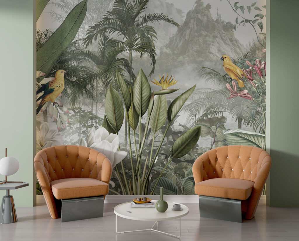 Groep planten en vogels in een interieur