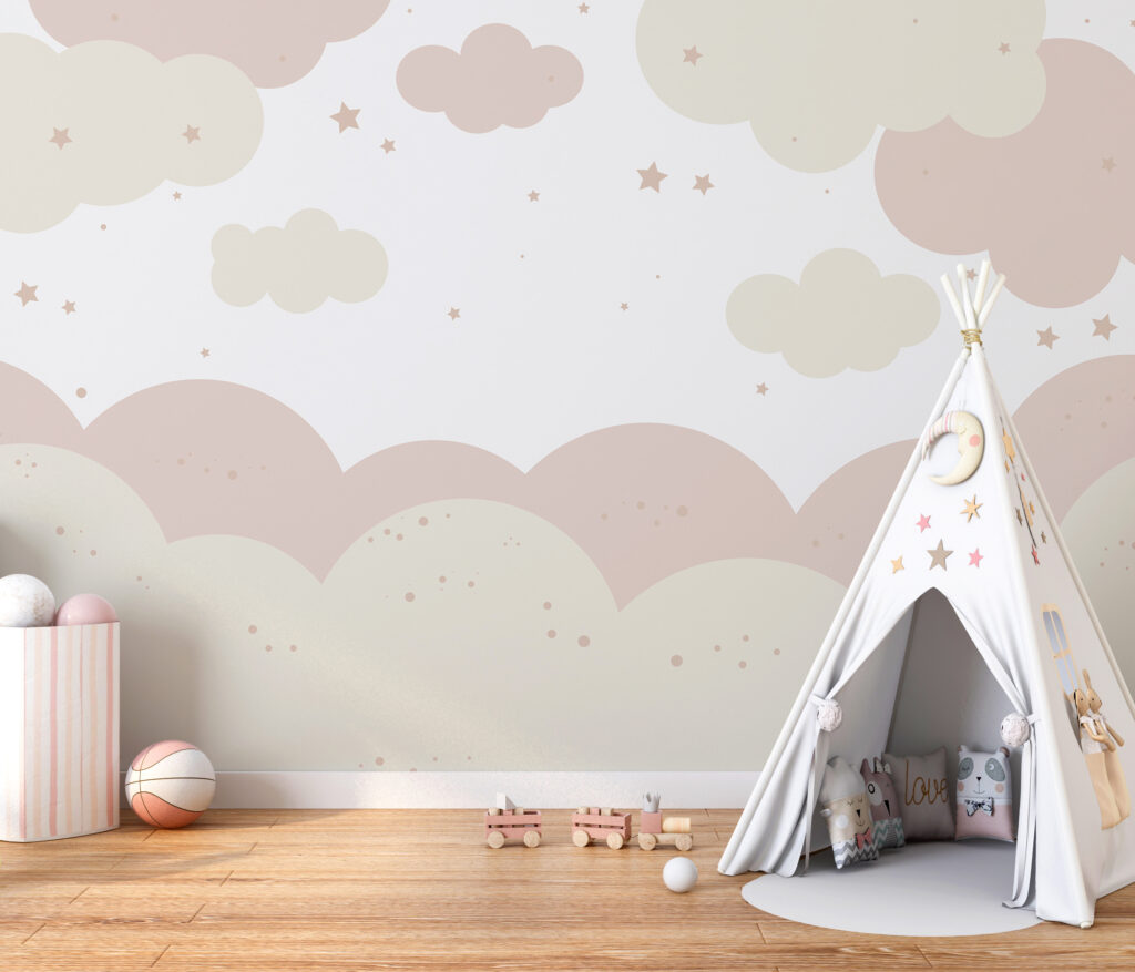 Roze en witte wolken en sterren in een interieur